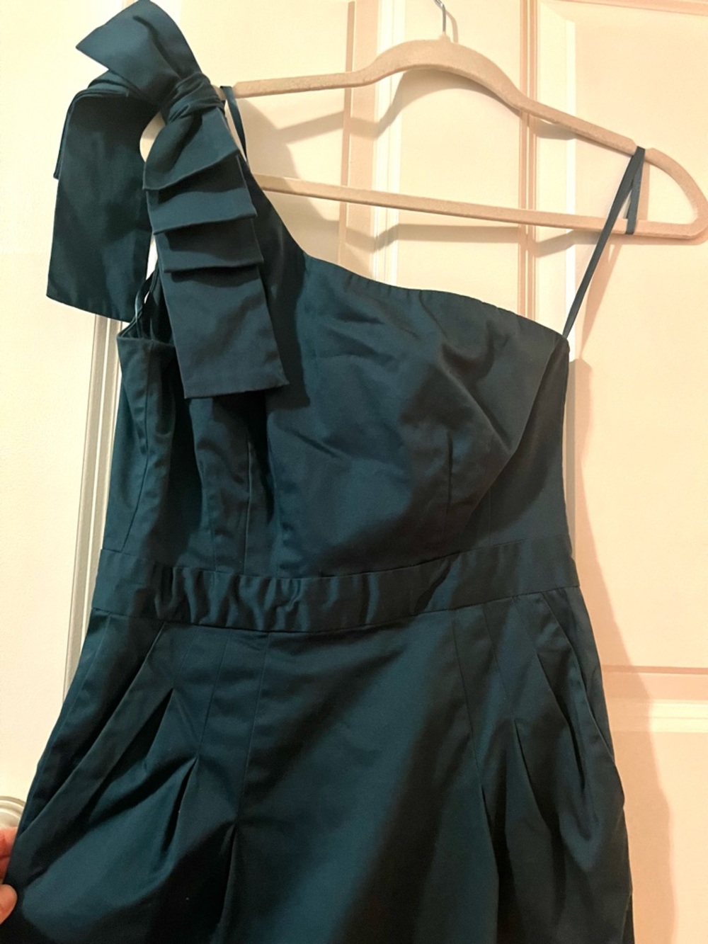 French Connection One-Shoulder Dark Teal Dress with Bow Detail